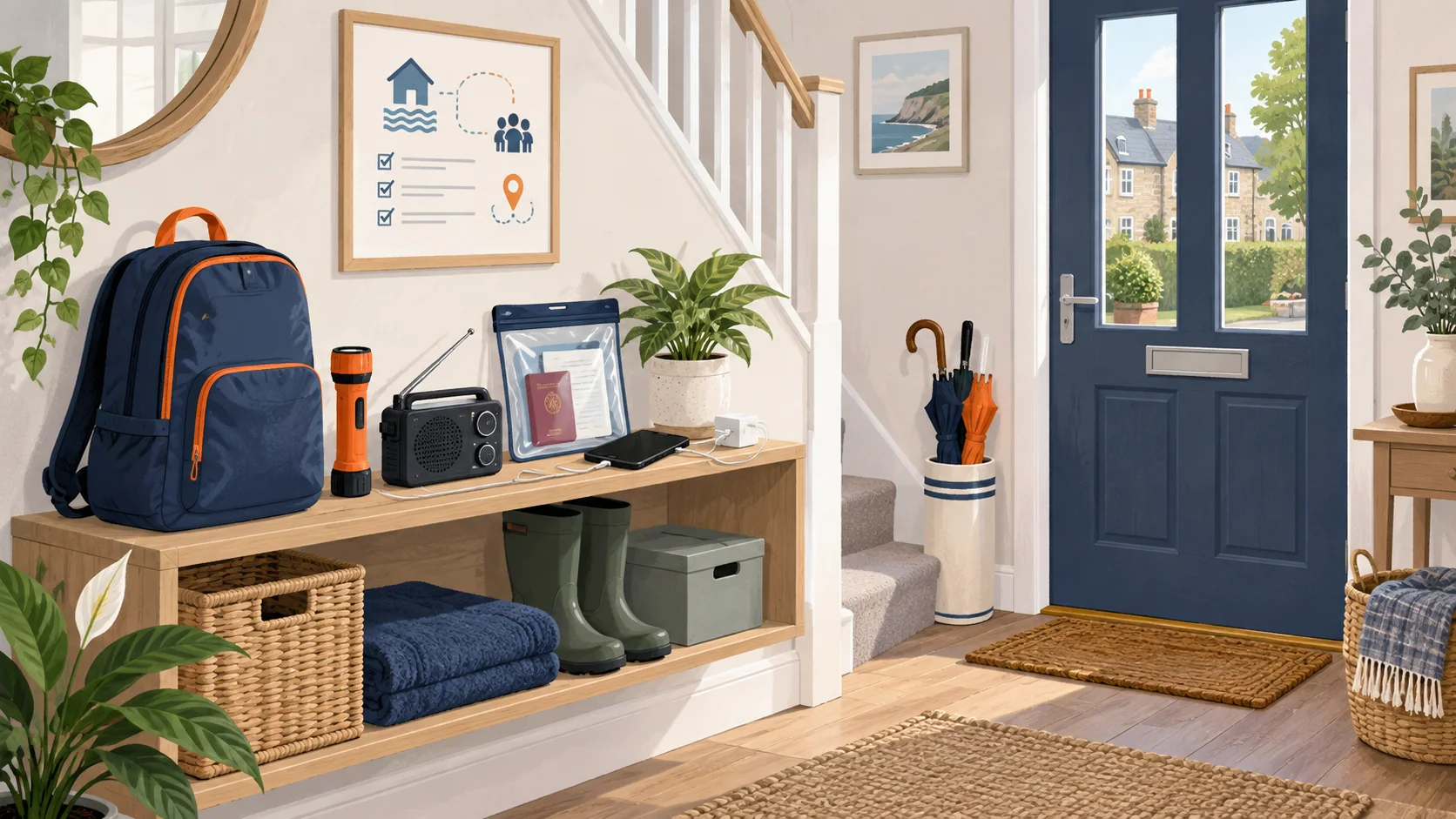 Illustration of a dry home entrance prepared for flooding with an emergency bag, torch, radio, waterproof documents and boots stored together.