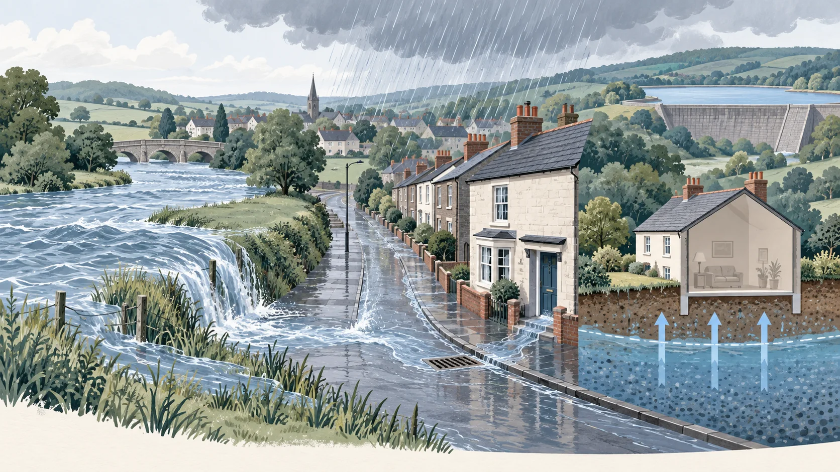 Illustration of a UK neighbourhood showing a river overtopping, rainwater on a street, groundwater rising below a house and a reservoir dam.